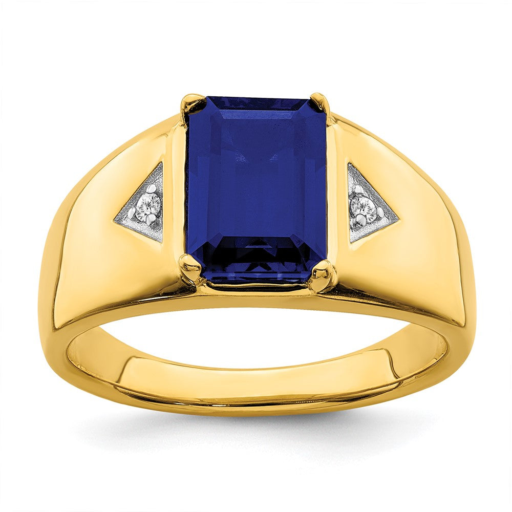 14K Gelbgold Ring mit smaragdgeschliffenem synthetischem Saphir und echtem Diamant, poliert, für Herren