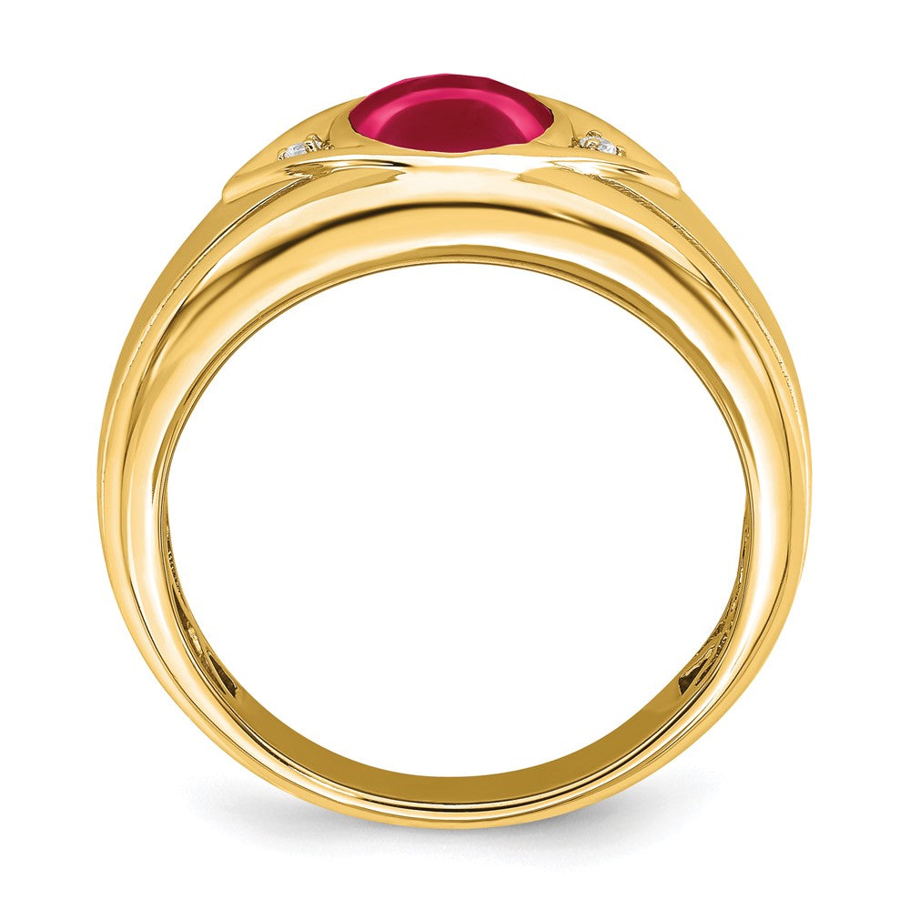14K Gelbgold Ring mit künstlichem Rubin und echten Diamanten für Herren
