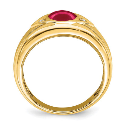 14K Gelbgold Ring mit künstlichem Rubin und echten Diamanten für Herren