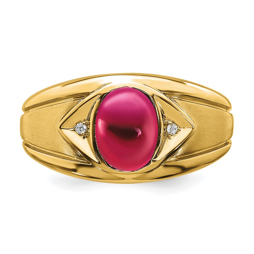14K Gelbgold Ring mit künstlichem Rubin und echten Diamanten für Herren