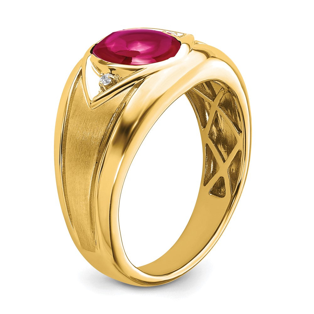 14K Gelbgold Ring mit künstlichem Rubin und echten Diamanten für Herren