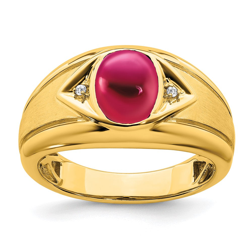 14K Gelbgold Ring mit künstlichem Rubin und echten Diamanten für Herren