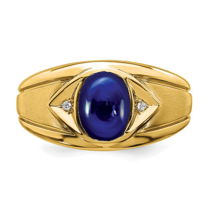 14K Gelbgold Herrenring mit synthetischem Saphir und echten Diamanten