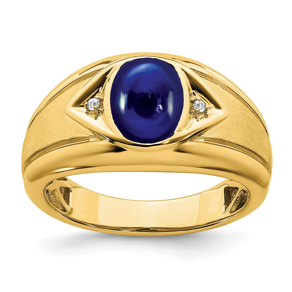 14K Gelbgold Herrenring mit synthetischem Saphir und echten Diamanten