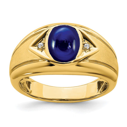 14K Gelbgold Herrenring mit synthetischem Saphir und echten Diamanten