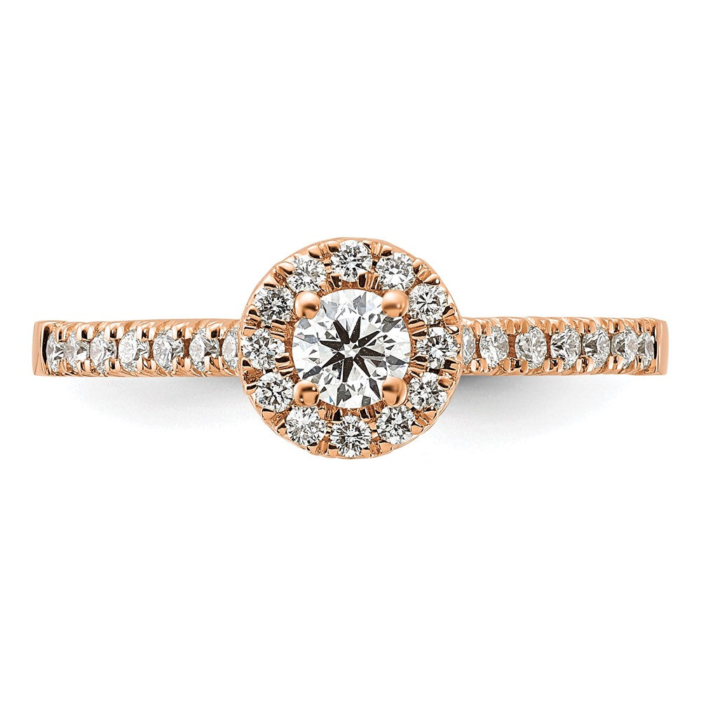 14K Rosegold Verlobungsring mit 0,5 ct. Laborgezüchtetem Diamant, VS/SI+ G+, rund, mit Halo-Fassung
