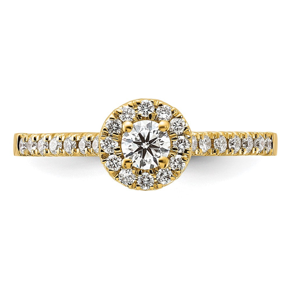 14K Gelbgold Verlobungsring mit rundem laborgezüchtetem Diamant, 0,5 ct., VS/SI+ G+, komplettem Halo