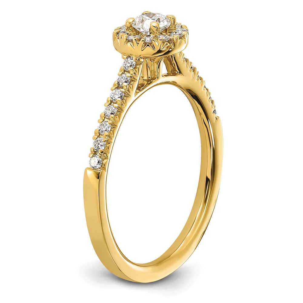 14K Gelbgold Verlobungsring mit rundem laborgezüchtetem Diamant, 0,5 ct., VS/SI+ G+, komplettem Halo