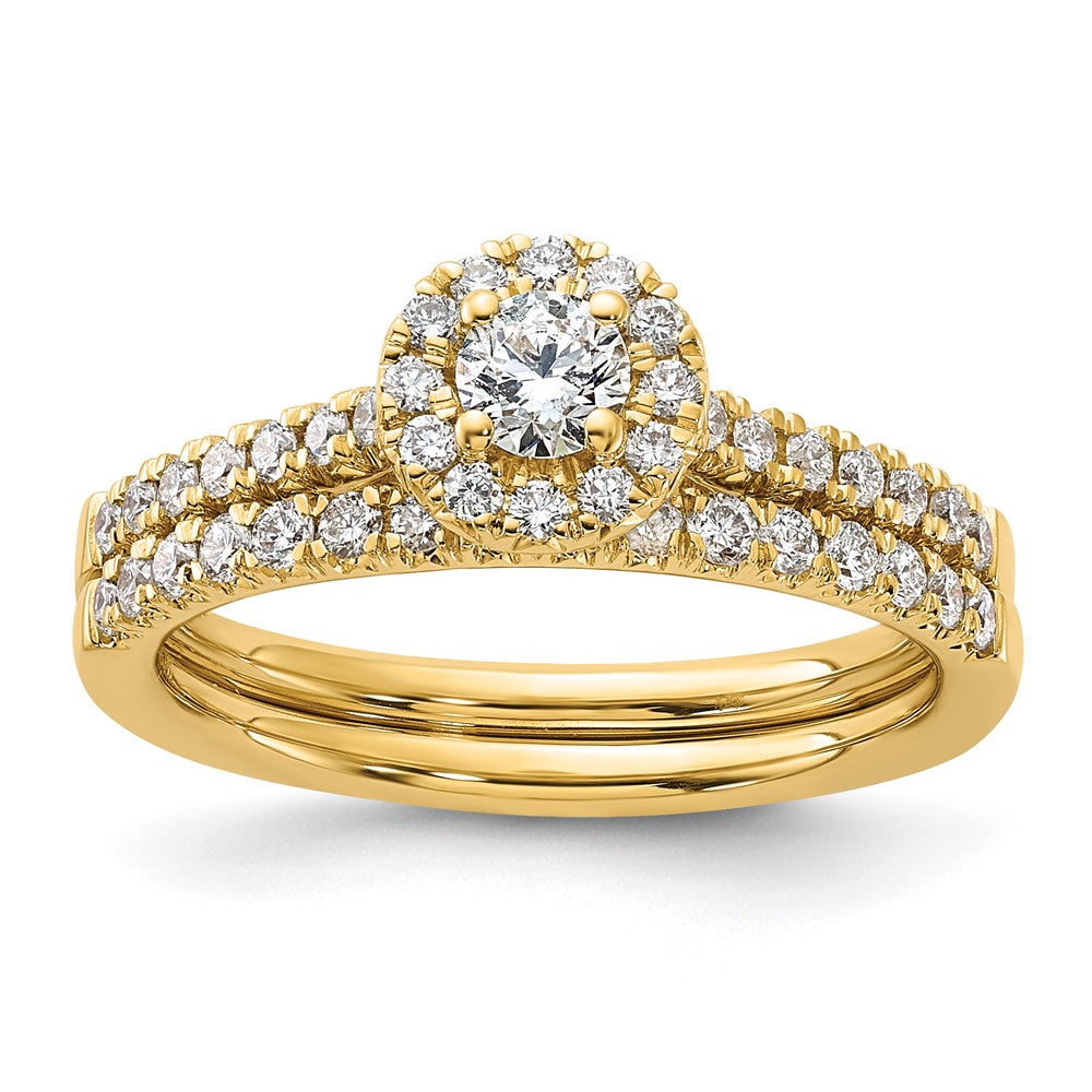 14K Gelbgold Verlobungsring mit rundem laborgezüchtetem Diamant, 0,5 ct., VS/SI+ G+, komplettem Halo