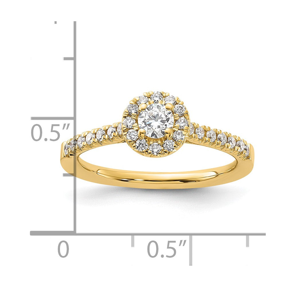 14K Gelbgold Verlobungsring mit rundem laborgezüchtetem Diamant, 0,5 ct., VS/SI+ G+, komplettem Halo