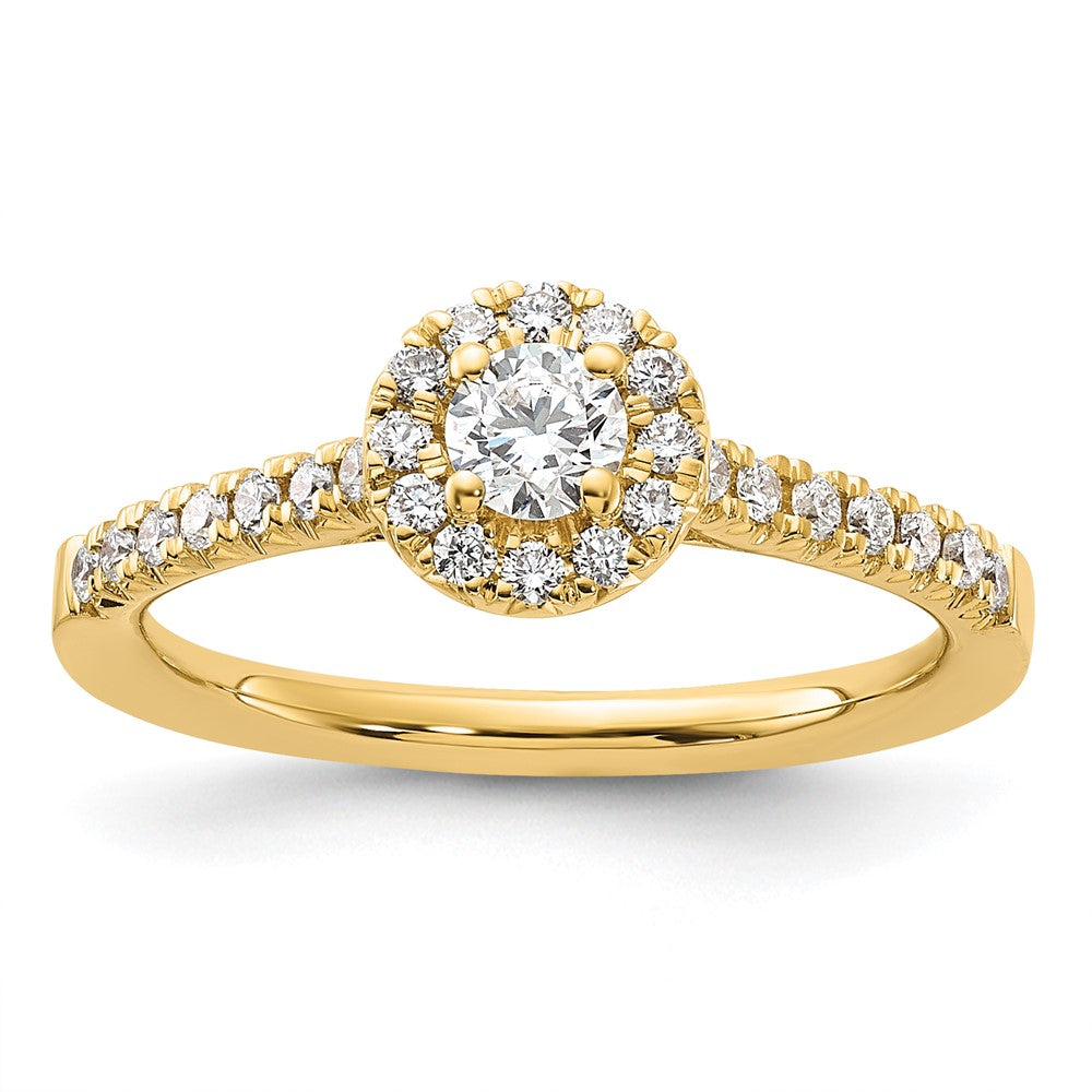 14K Gelbgold Verlobungsring mit rundem laborgezüchtetem Diamant, 0,5 ct., VS/SI+ G+, komplettem Halo