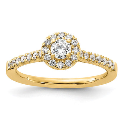 14K Gelbgold Verlobungsring mit rundem laborgezüchtetem Diamant, 0,5 ct., VS/SI+ G+, komplettem Halo