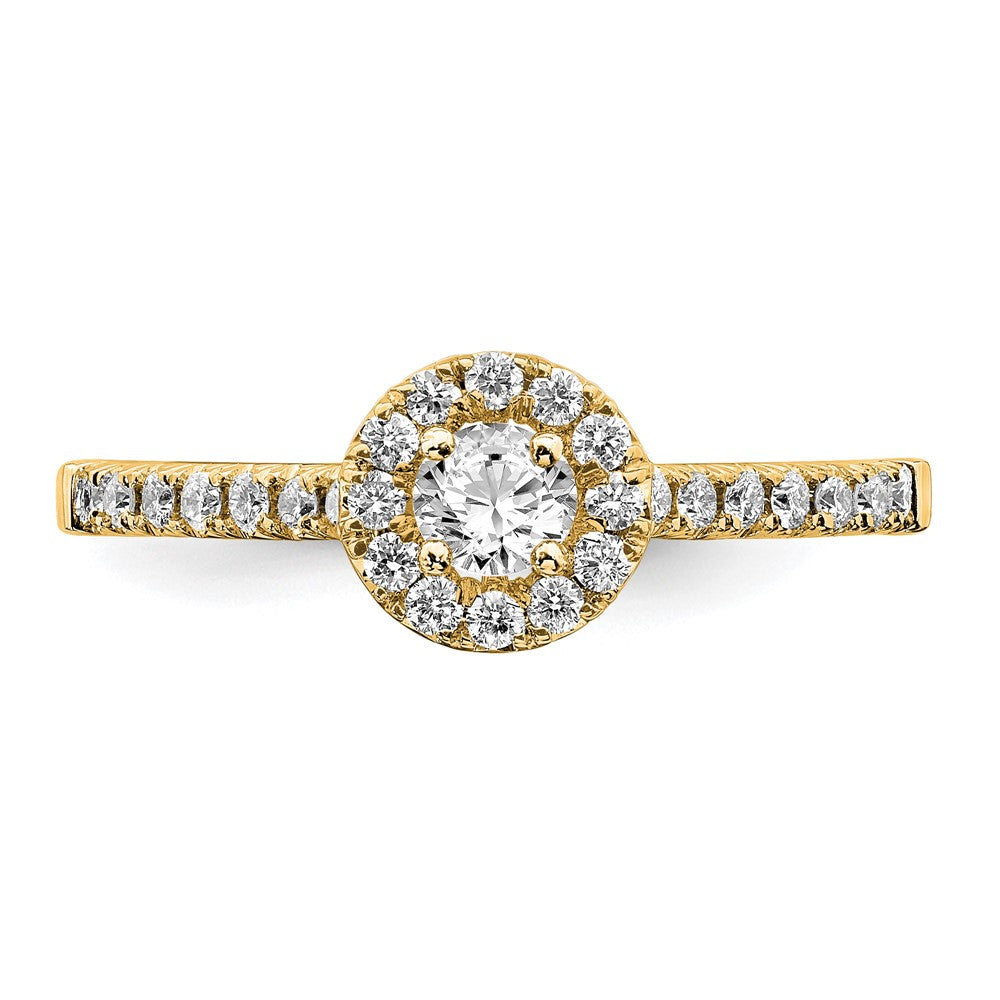 14K Gelbgold Verlobungsring mit rundem Laborgezüchtetem Diamant im Halo-Design, 0,75 ct., VS/SI+ G+