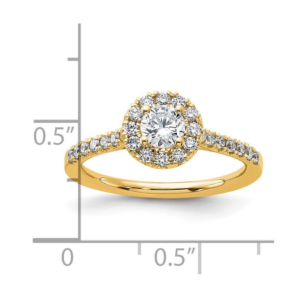 14K Gelbgold Verlobungsring mit rundem Laborgezüchtetem Diamant im Halo-Design, 0,75 ct., VS/SI+ G+