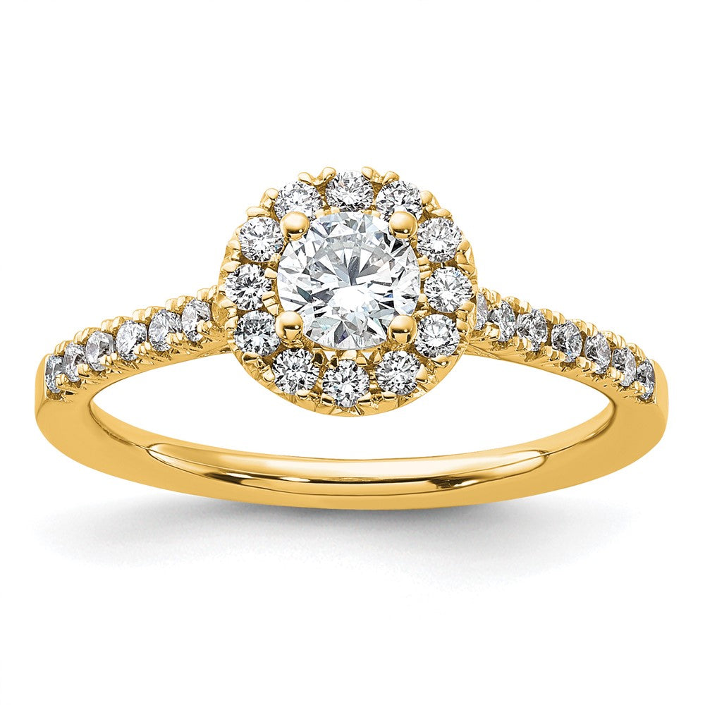 14K Gelbgold Verlobungsring mit rundem Laborgezüchtetem Diamant im Halo-Design, 0,75 ct., VS/SI+ G+