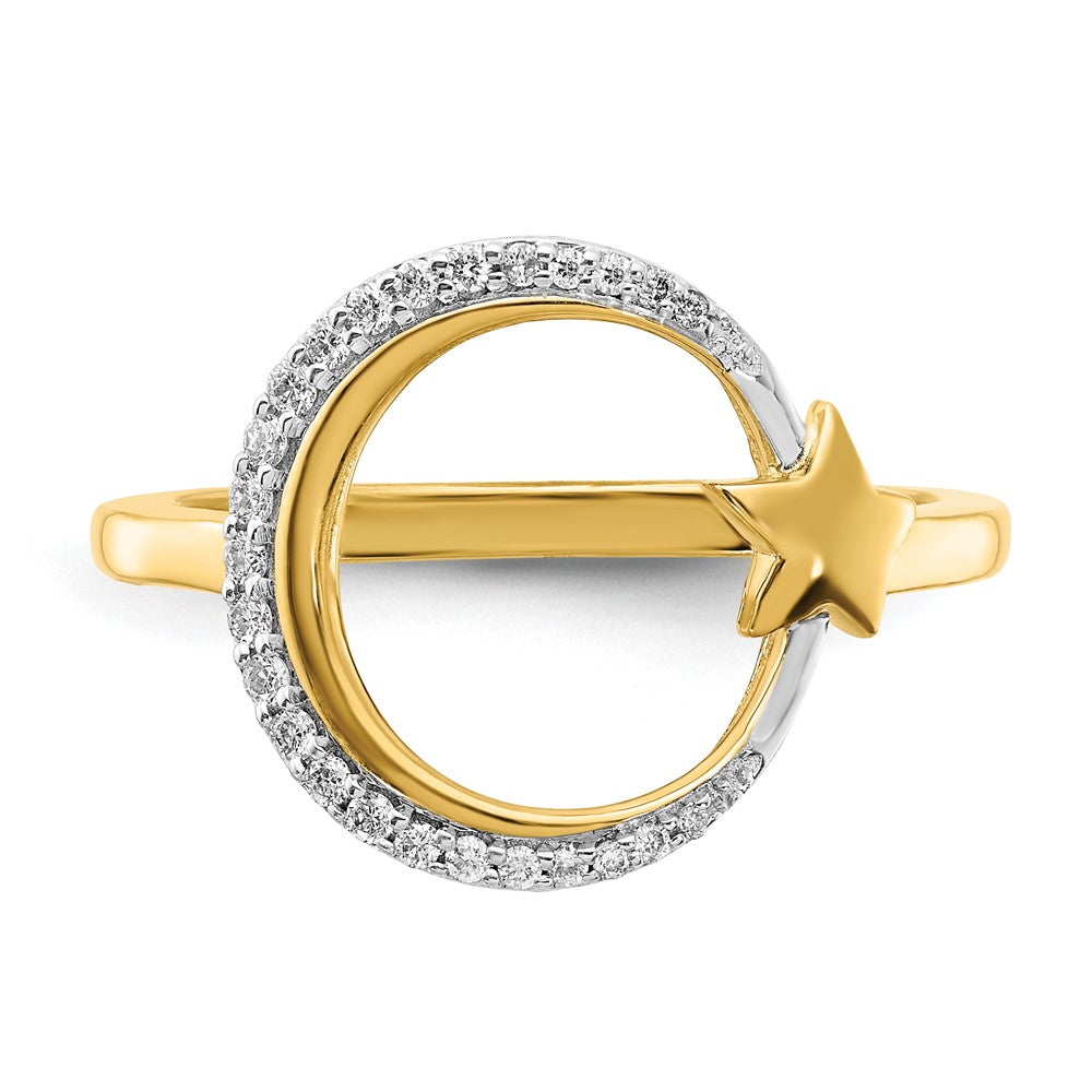 14K Gelbgold Ring mit Mond und Stern, poliert, mit echten Diamanten