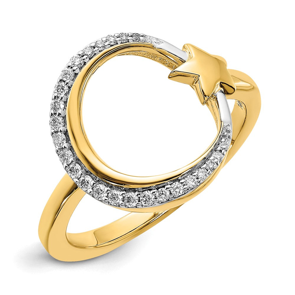 14K Gelbgold Ring mit Mond und Stern, poliert, mit echten Diamanten
