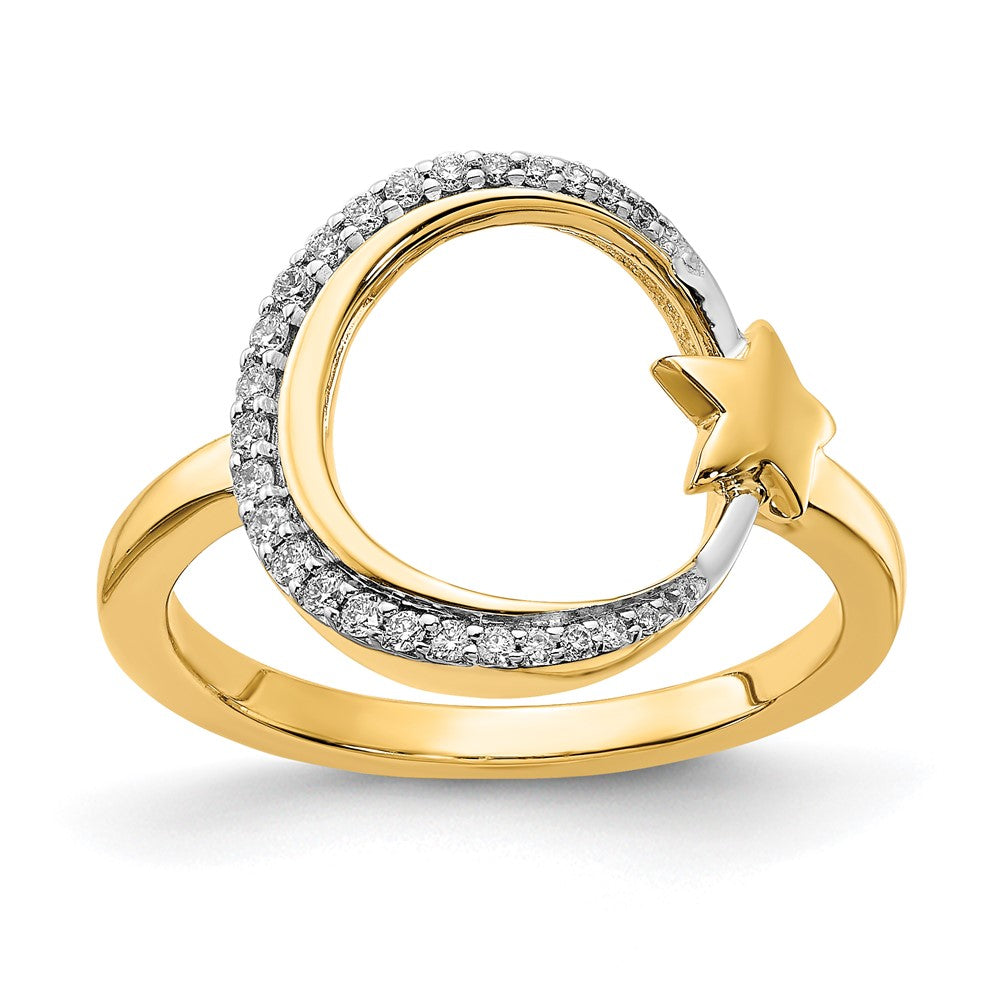 14K Gelbgold Ring mit Mond und Stern, poliert, mit echten Diamanten