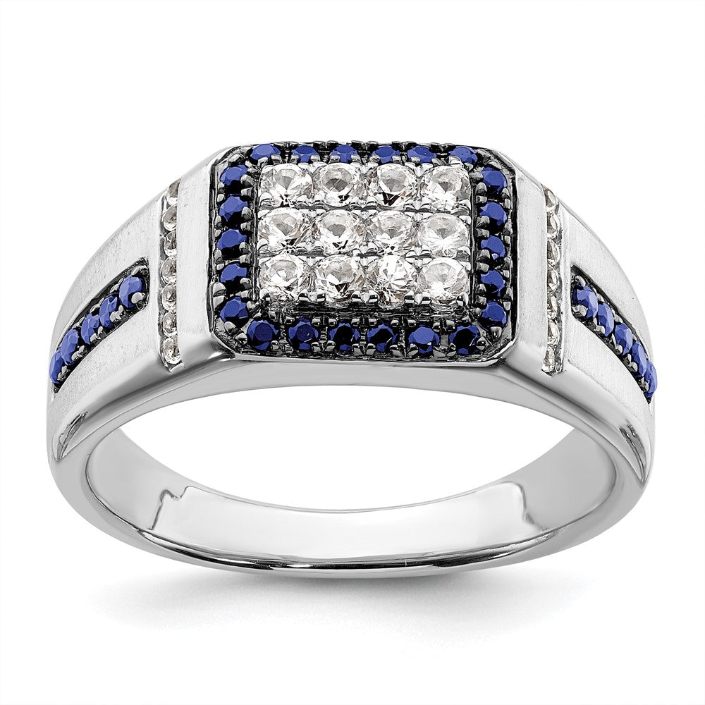 10K Weißgold Herrenring mit 0,375 ct. im Labor gezüchteten Diamanten VS/SI+ G+ und im Labor gezüchteten blauen Saphiren