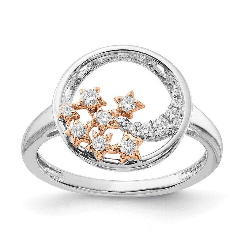 14K Weiß- und Roségold Zweifarbiger Mond- und Sterne-Kreis-Ring mit echten Diamanten