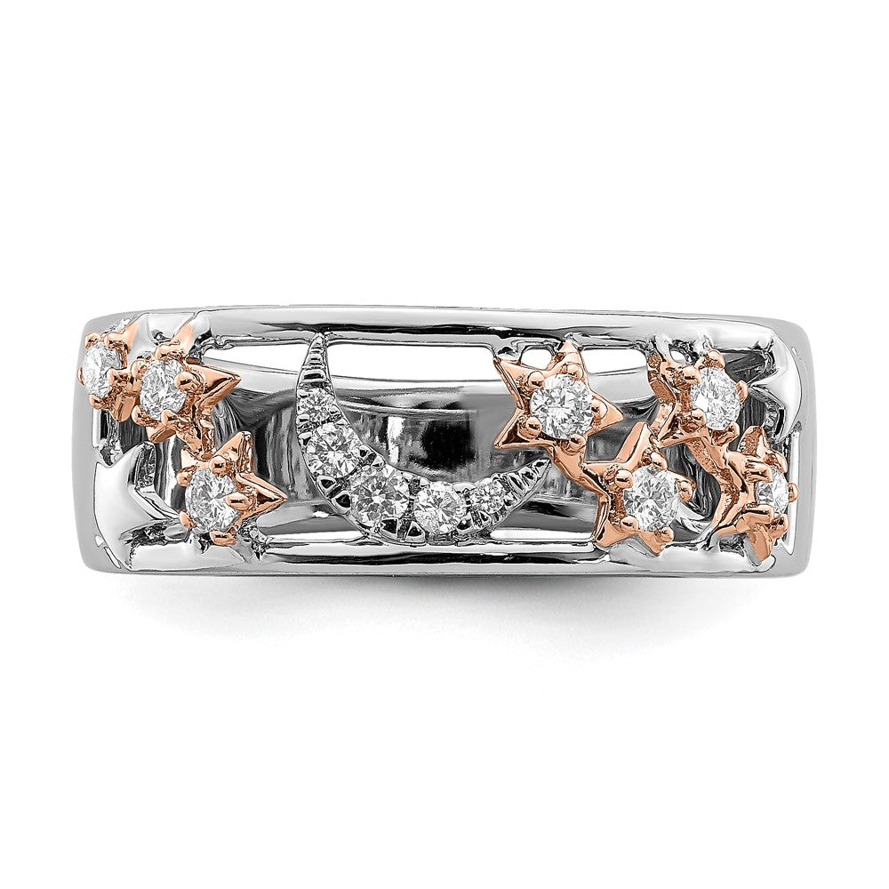 14K Bicolor-Gold Ehering mit Mond, Sternen und echten Diamanten