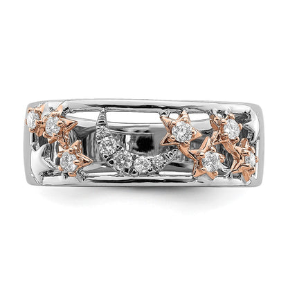 14K Bicolor-Gold Ehering mit Mond, Sternen und echten Diamanten