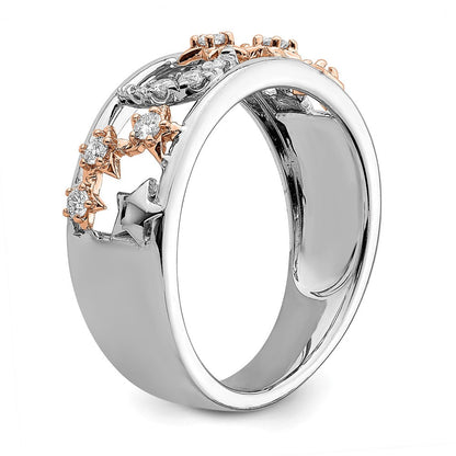 14K Bicolor-Gold Ehering mit Mond, Sternen und echten Diamanten