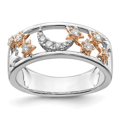 14K Bicolor-Gold Ehering mit Mond, Sternen und echten Diamanten