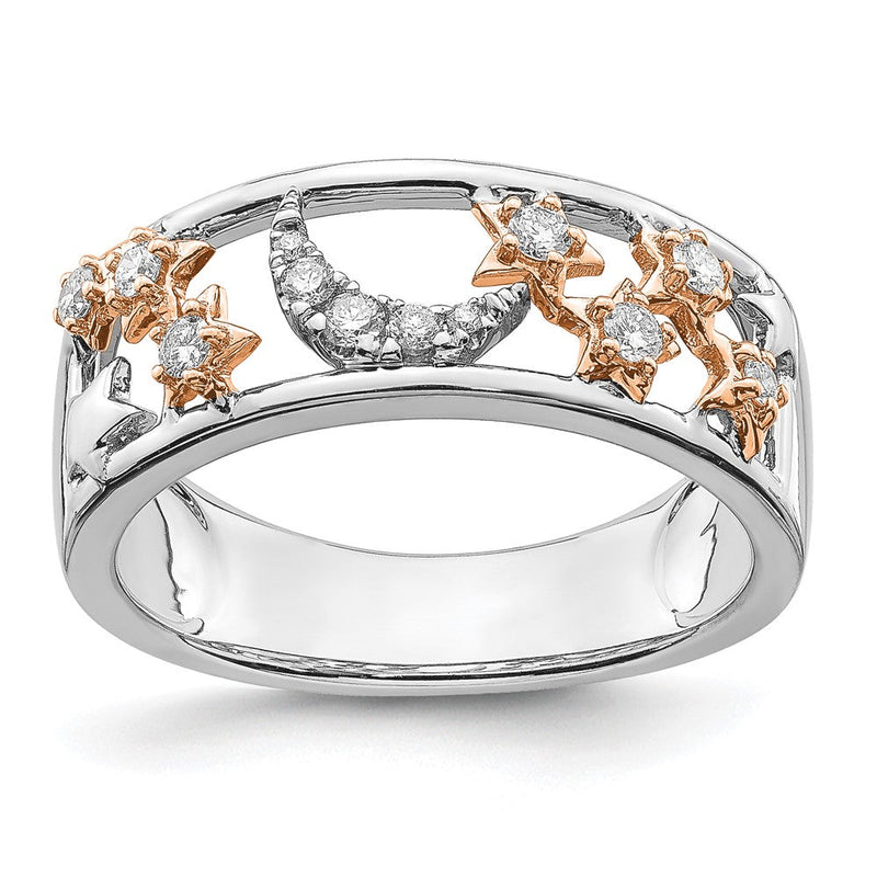 14K Bicolor-Gold Ehering mit Mond, Sternen und echten Diamanten