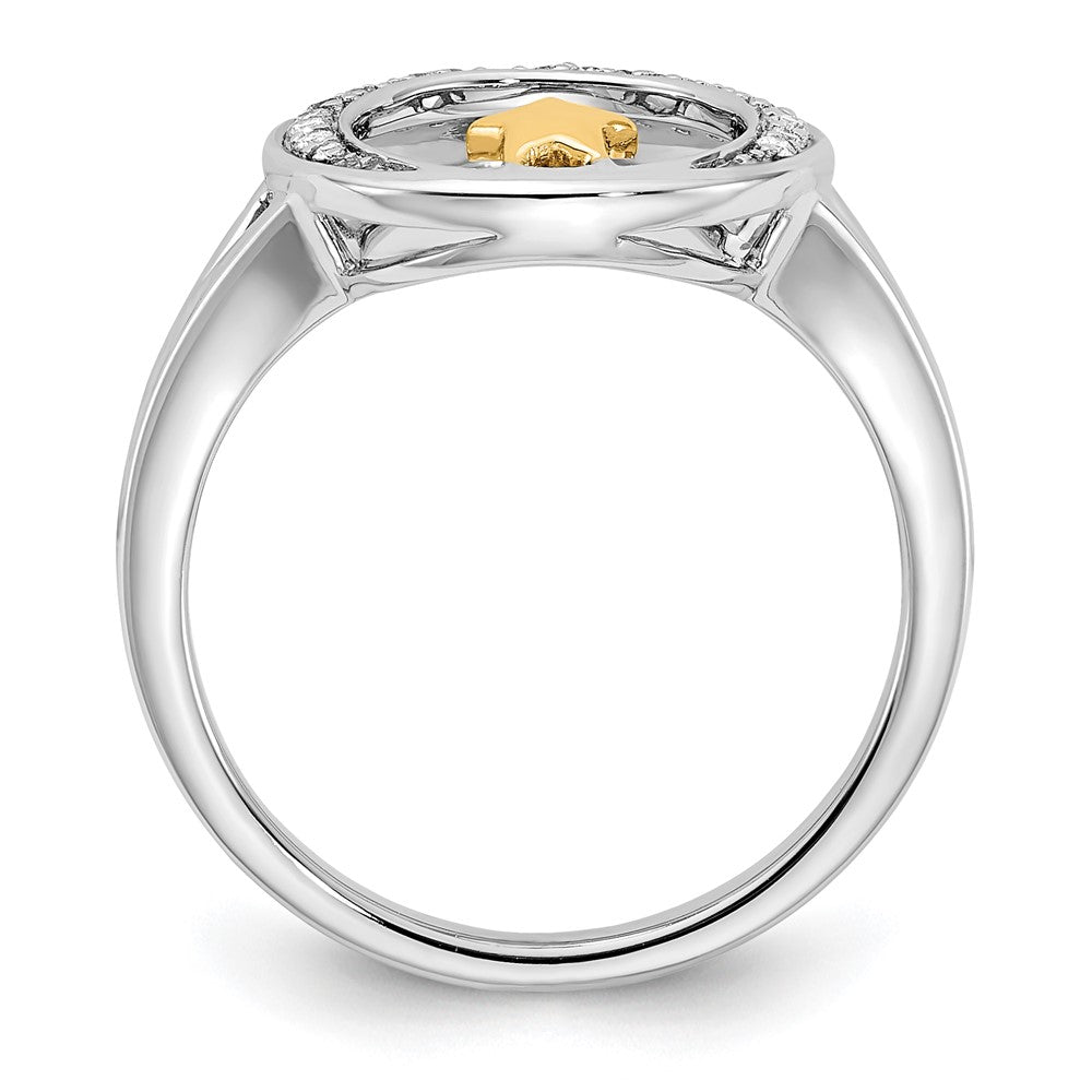 14K Bicolor Gold Polierter Ring mit Mond und Stern und echten Diamanten