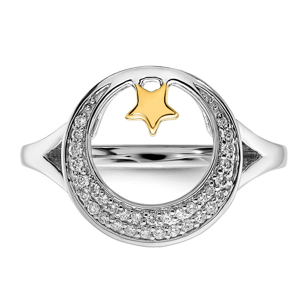 14K Bicolor Gold Polierter Ring mit Mond und Stern und echten Diamanten