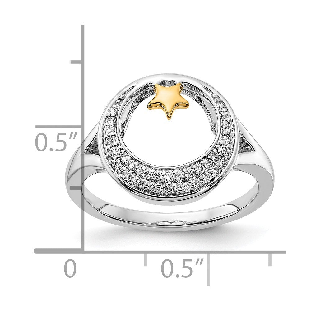 14K Bicolor Gold Polierter Ring mit Mond und Stern und echten Diamanten