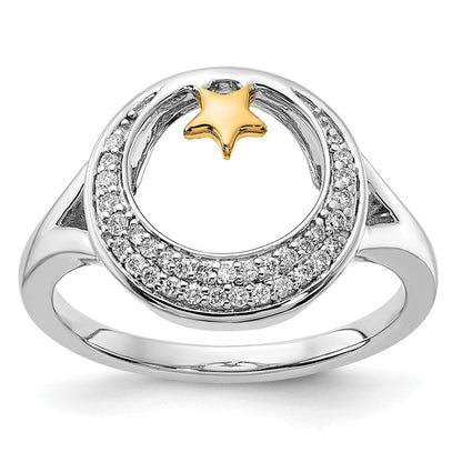 14K Bicolor Gold Polierter Ring mit Mond und Stern und echten Diamanten