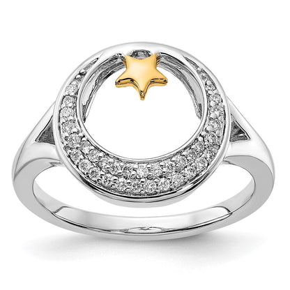 14K Bicolor Gold Polierter Ring mit Mond und Stern und echten Diamanten