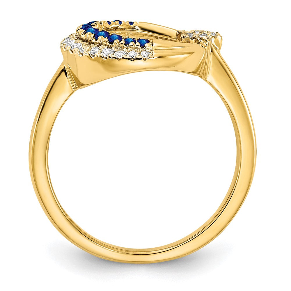14K Gelbgold Ring mit poliertem Saphir und echtem Diamant in Mond- und Sterndesign