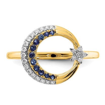 14K Gelbgold Ring mit poliertem Saphir und echtem Diamant in Mond- und Sterndesign