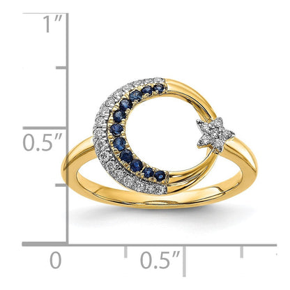 14K Gelbgold Ring mit poliertem Saphir und echtem Diamant in Mond- und Sterndesign