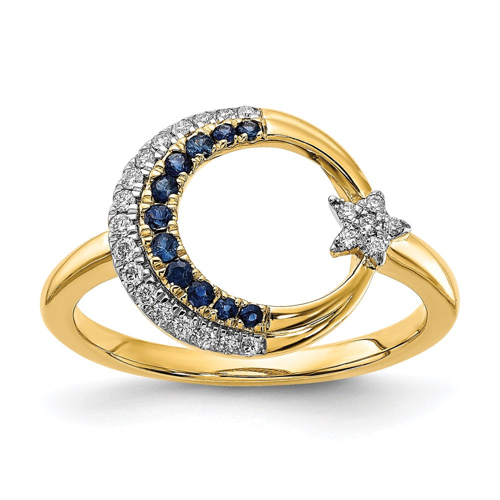 14K Gelbgold Ring mit poliertem Saphir und echtem Diamant in Mond- und Sterndesign