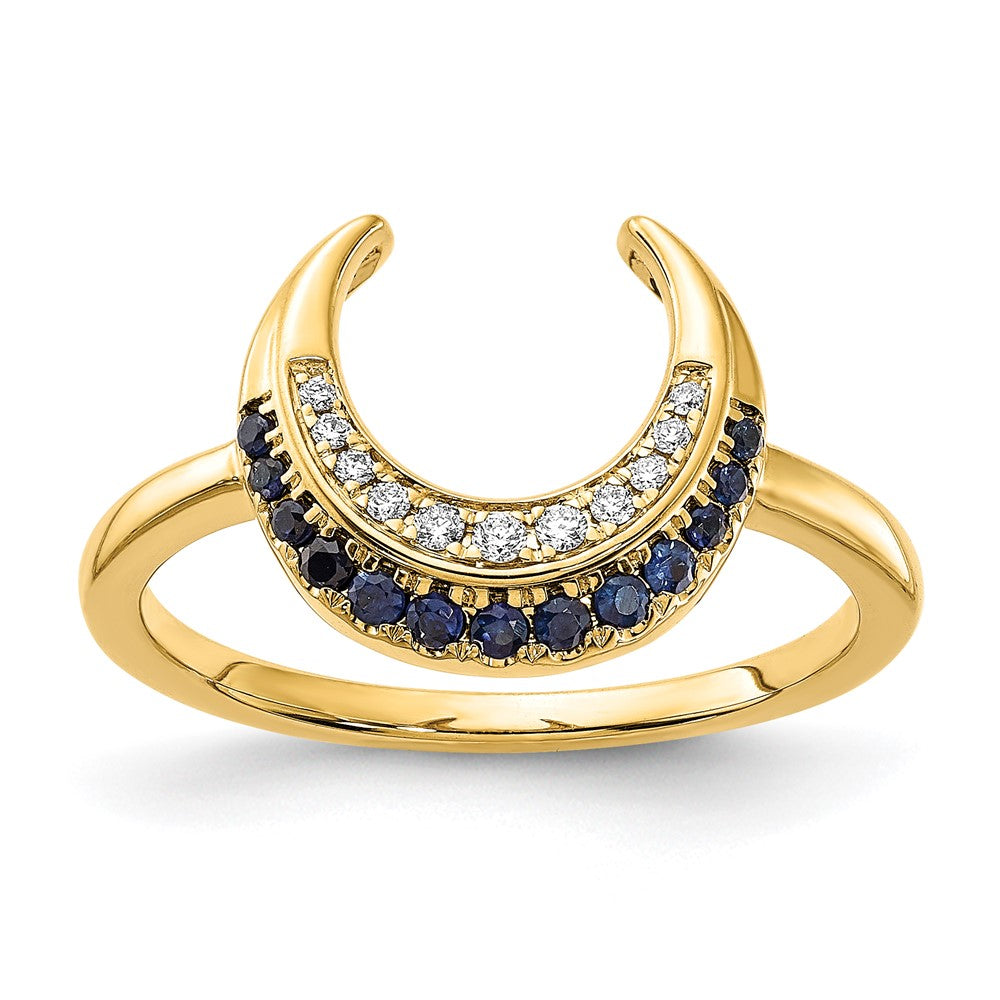 14K Gelbgold polierter Ring mit Saphir und echten Diamanten in Mond-Design