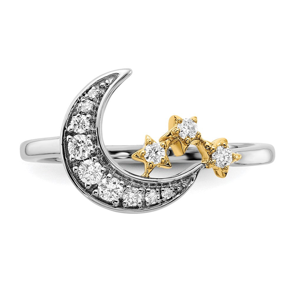 14K Bicolor Gold Ring mit echtem Diamant-Mond und 3 Sternen