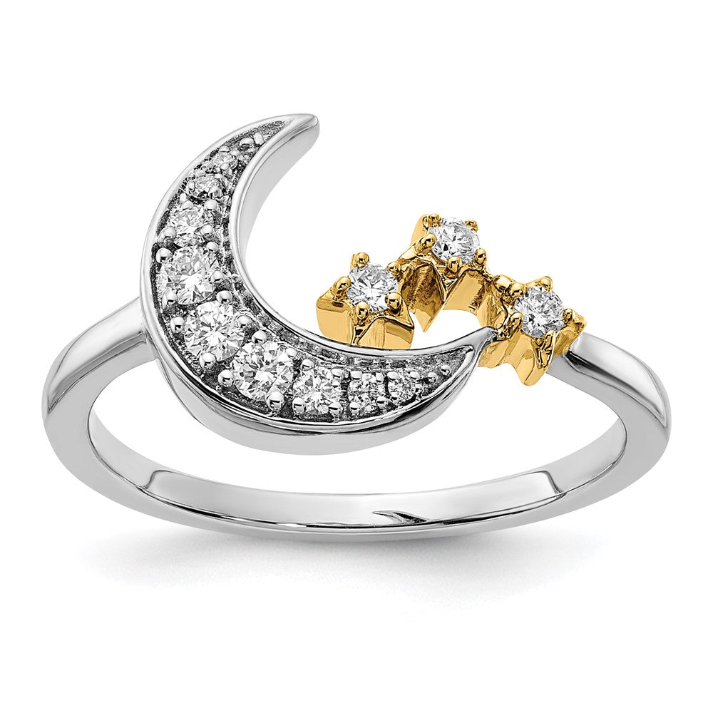 14K Bicolor Gold Ring mit echtem Diamant-Mond und 3 Sternen