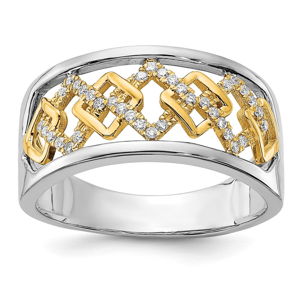14K Bicolor-Gold Ring mit polierten fantasievollen Quadraten und echten Diamanten