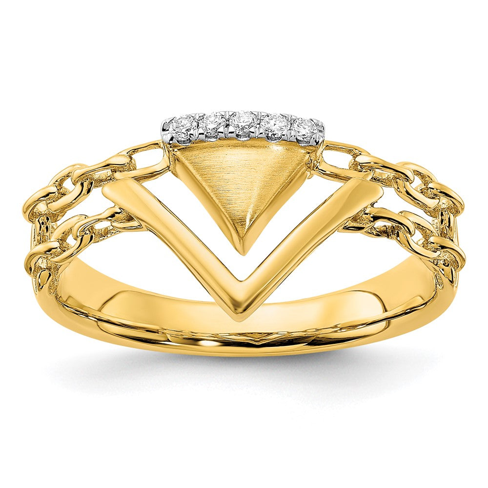 14K Gelbgold Ring mit satiniertem/poliertem Kettenakzent und echten Diamanten in Doppel-Dreieck-Form