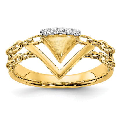 14K Gelbgold Ring mit satiniertem/poliertem Kettenakzent und echten Diamanten in Doppel-Dreieck-Form