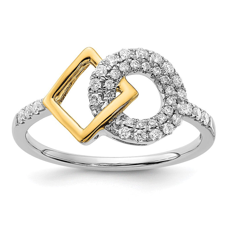14K Bicolor Gold Polierter Ring mit echten Diamanten in Kreis- und Quadratform