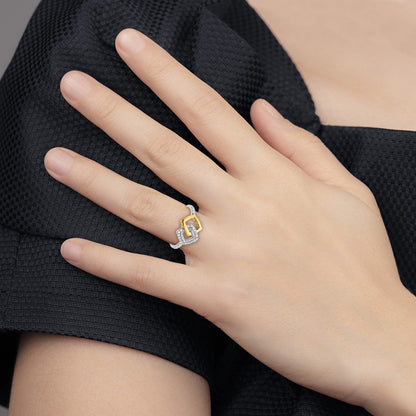 14K Bicolor-Gold Polierter Ring mit echten Diamanten, doppelt quadratisch