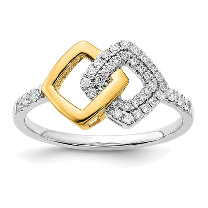 14K Bicolor-Gold Polierter Ring mit echten Diamanten, doppelt quadratisch
