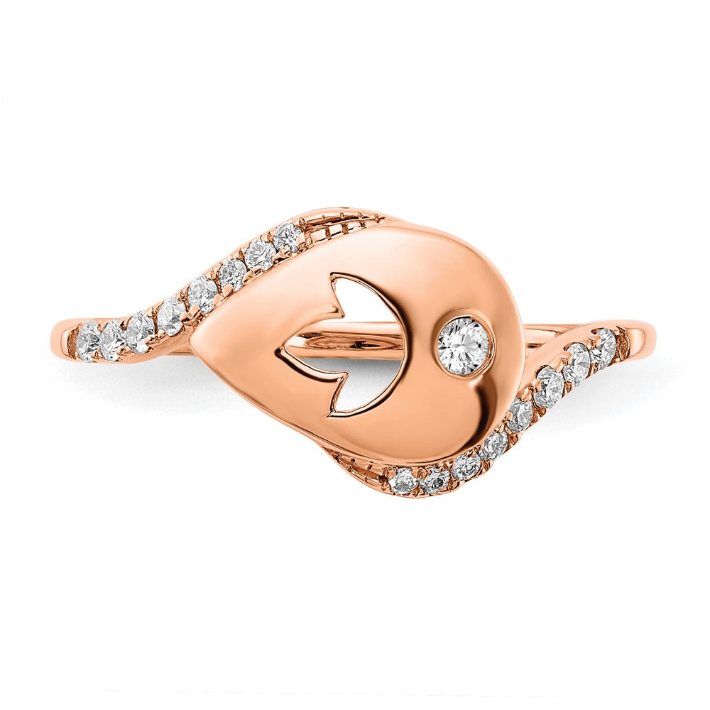 14K Roségold Ring mit Diamant-Tropfen und Blumen-Bypass, poliert, echter Diamant