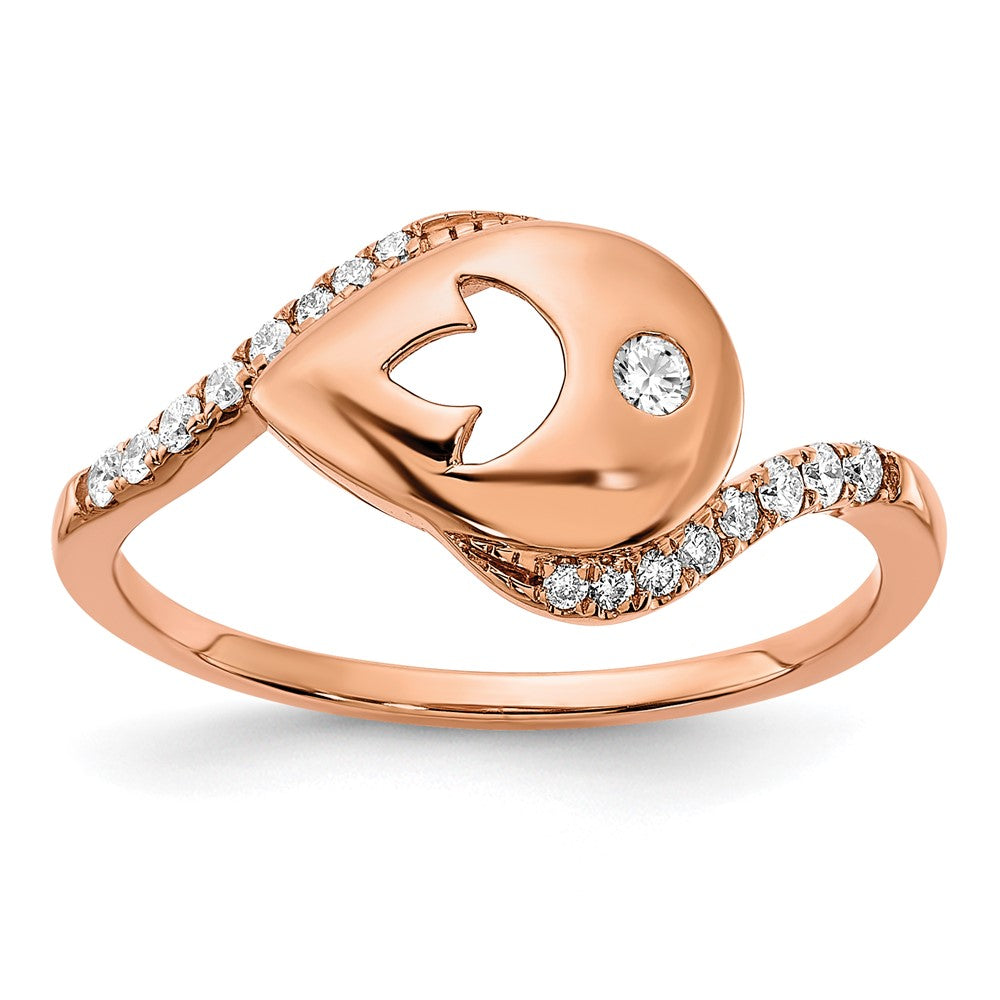 14K Roségold Ring mit Diamant-Tropfen und Blumen-Bypass, poliert, echter Diamant