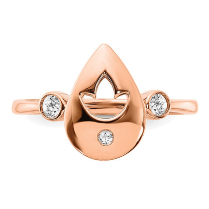 14K Roségold Ring mit poliertem, echtem Diamant-Tropfen und Blumenmotiv